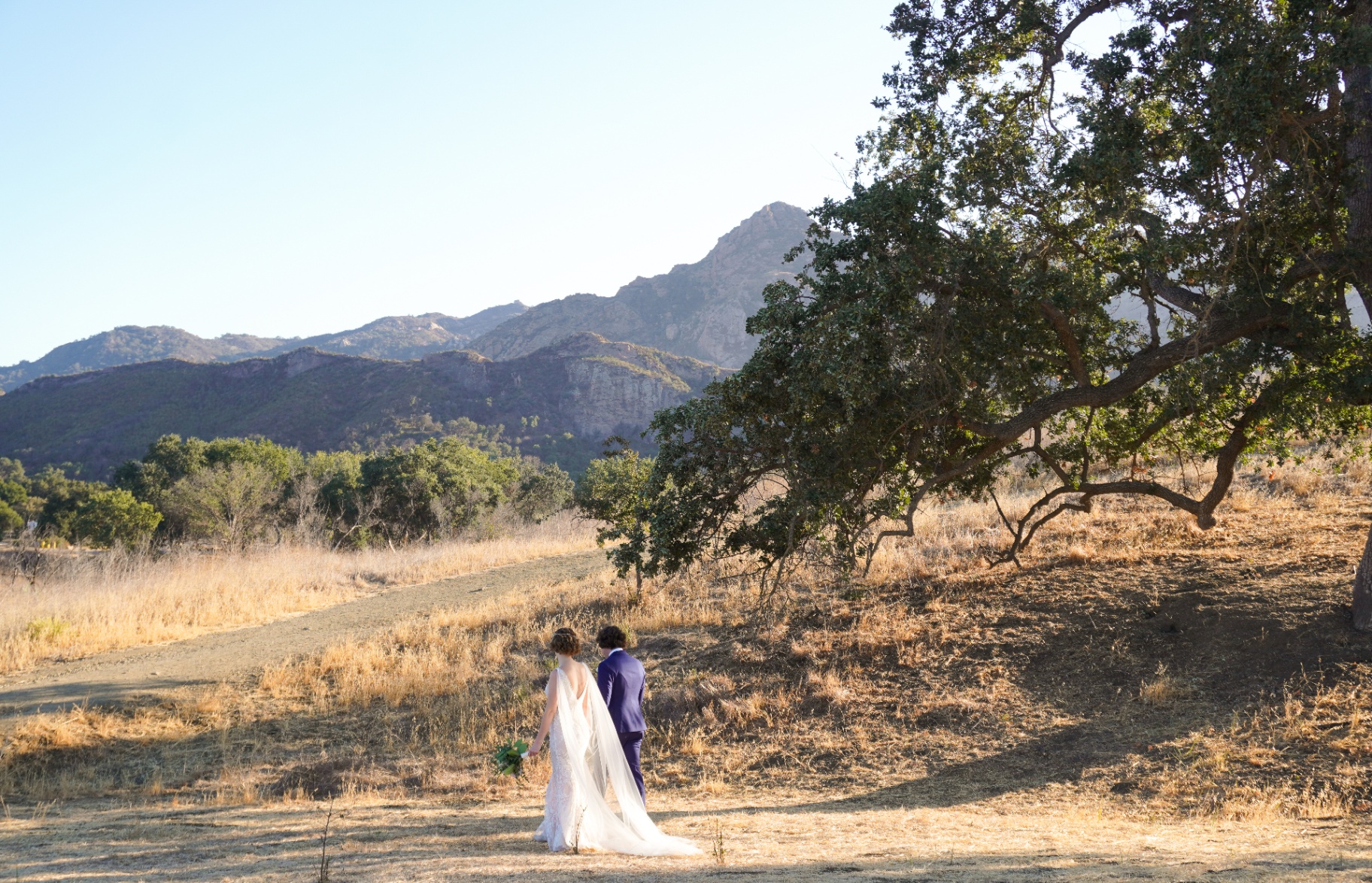 Malibu wedding couple walking through golden oak meadow with Santa Monica Mountains in the background at sunset